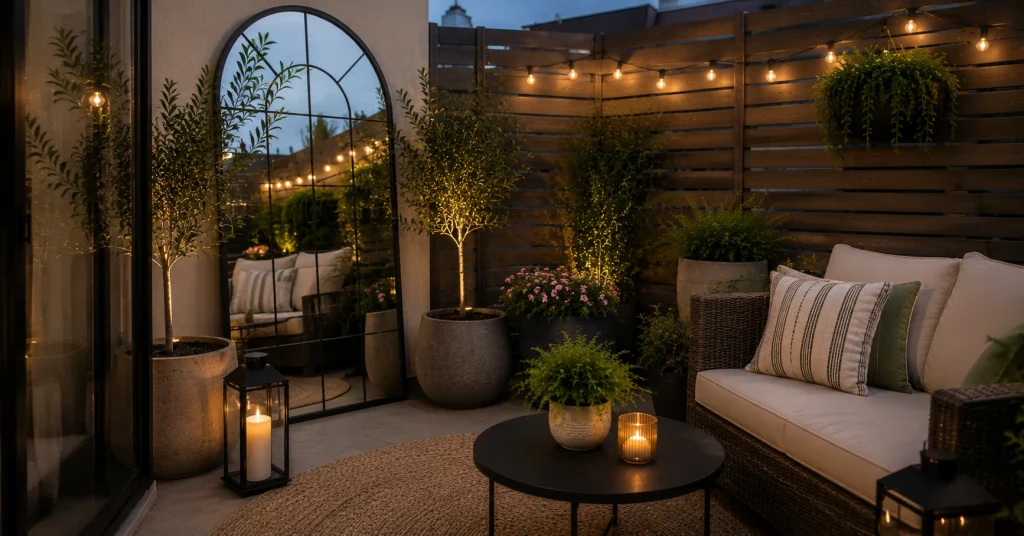 outdoor-mirror-small-patio-illusion.webp weather rated mirror leaning against patio fence