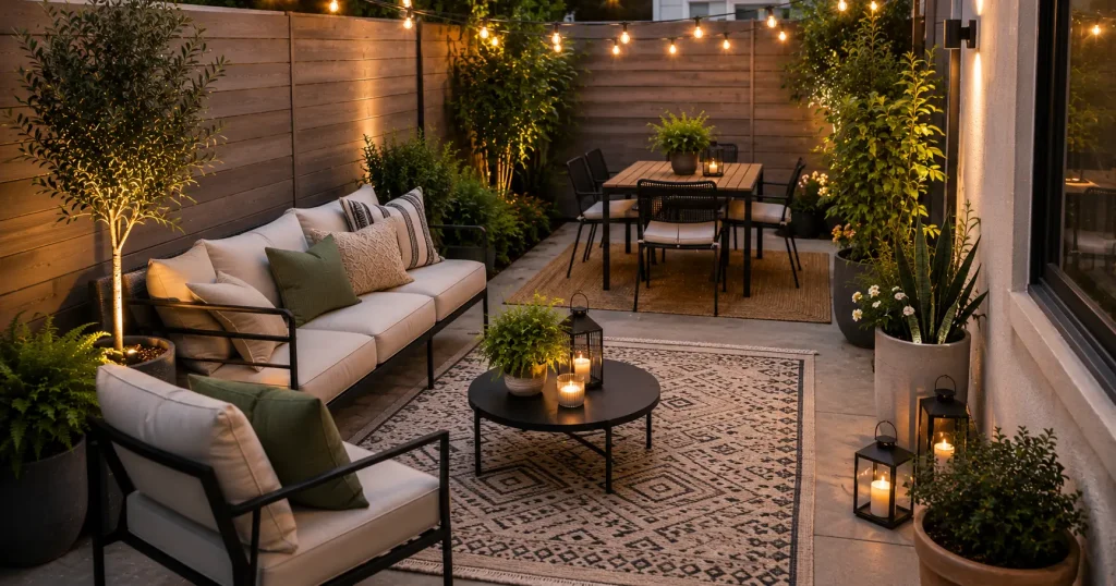outdoor-rug-zoning-small-patio.webp outdoor rug separating seating and dining area