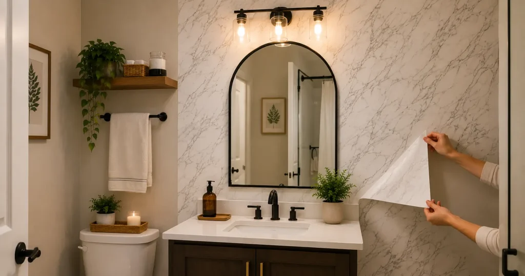 peel and stick wallpaper budget bathroom accent wall