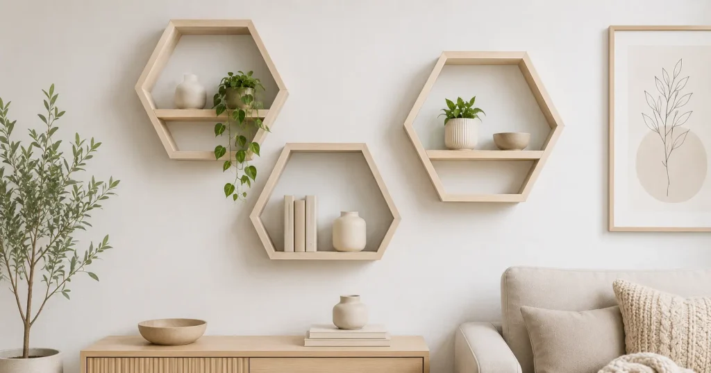 Scandinavian light wood geometric wall shelf minimal design