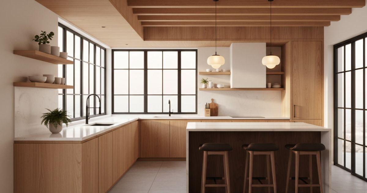 Modern small luxury kitchen with warm wooden interiors, minimalist design, pendant lighting, breakfast bar, and space-saving layout in a stylish contemporary home.