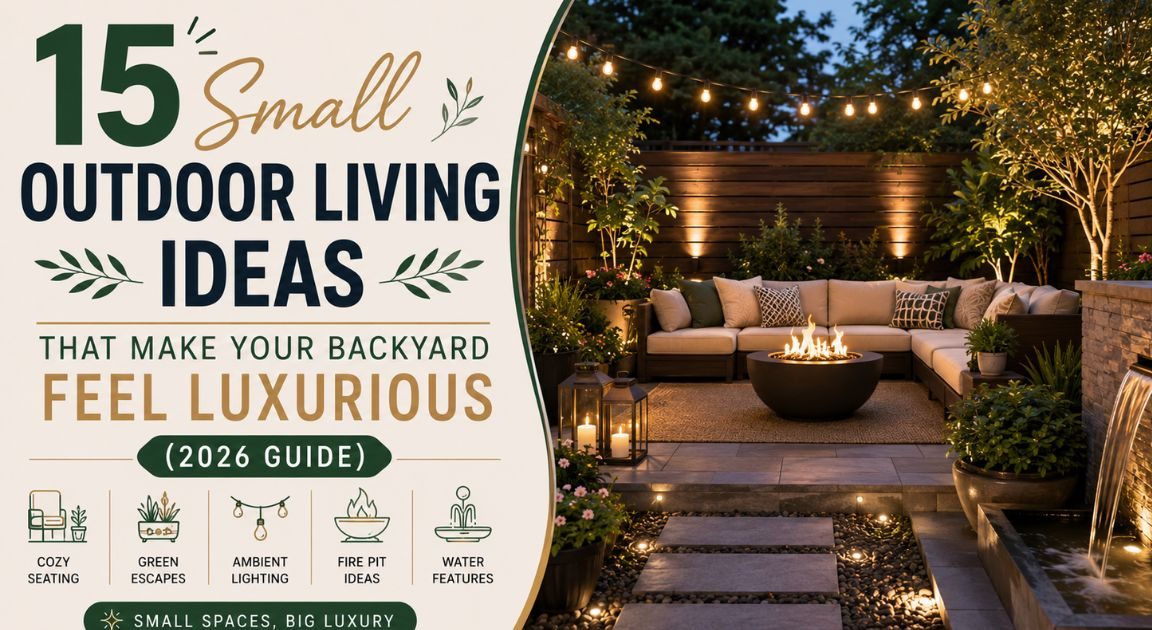Small Outdoor Living Ideas for a luxurious backyard patio featuring cozy seating, ambient string lights, fire pit, modern water feature, and stylish outdoor decor inspiration for 2026.