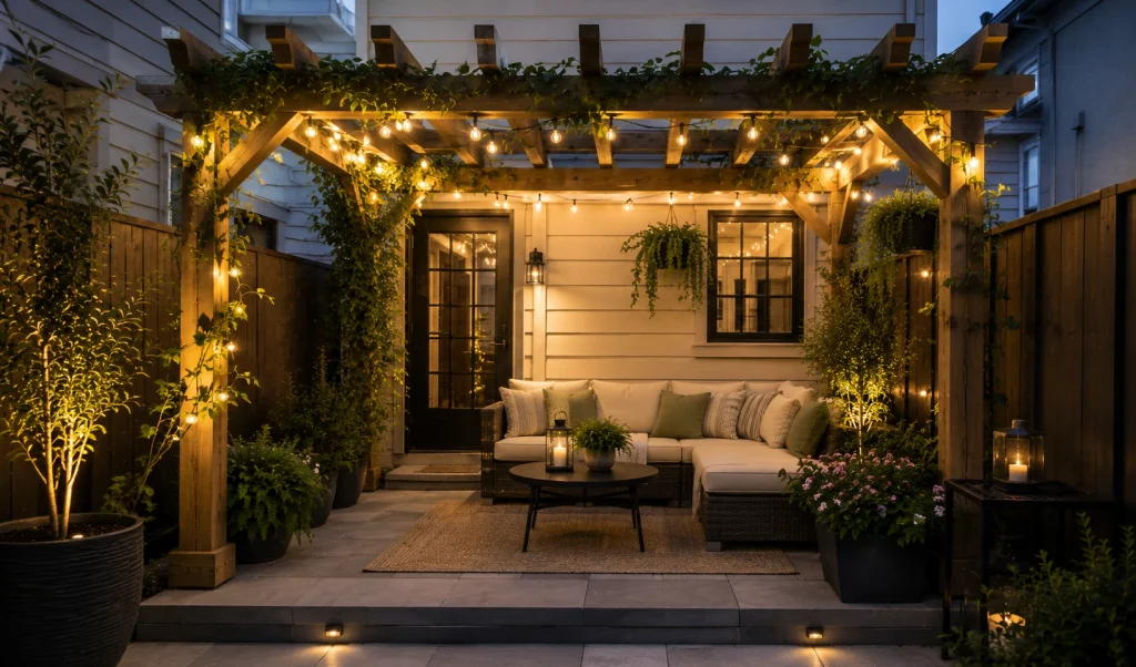 small-pergola-kit-patio-structure.webp pre-fab pergola kit with string lights small patio