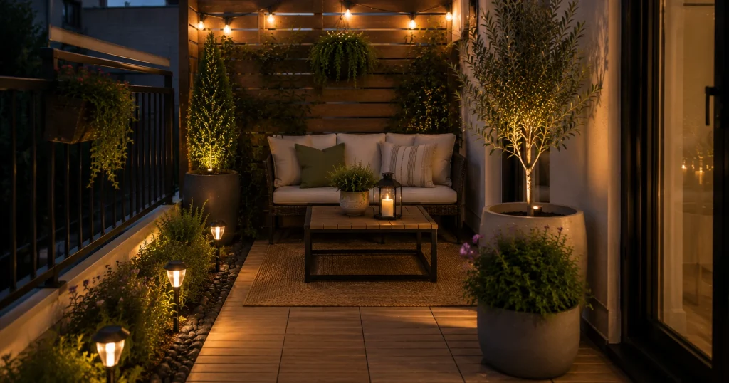 solar-path-lights-patio-edges.webp solar stake lights along small patio pathway