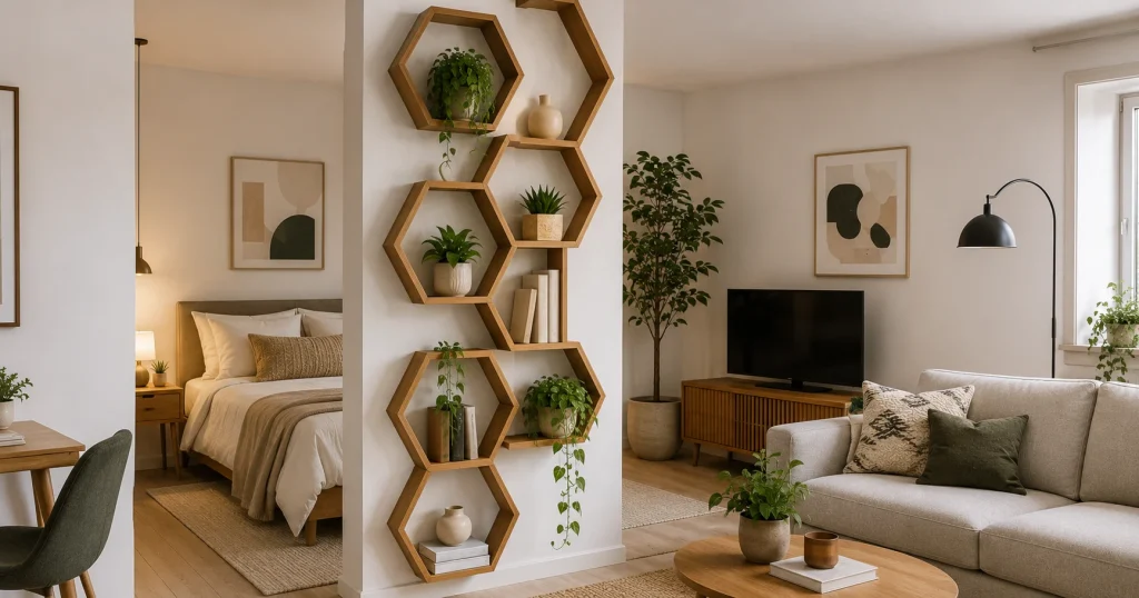 studio apartment geometric wall shelf zone divider setup