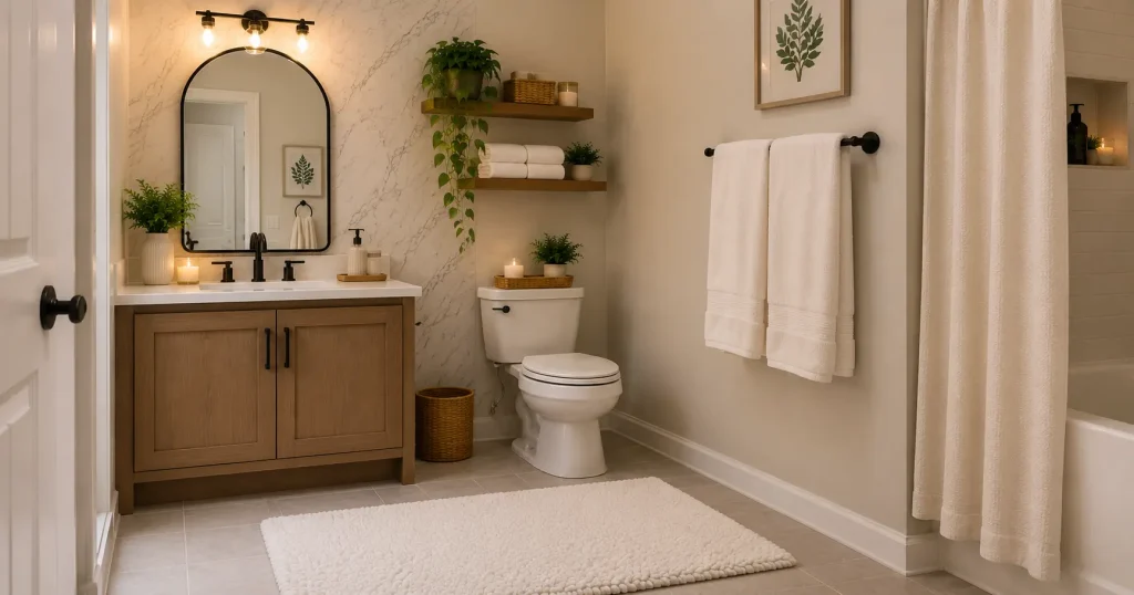 thick towels and bath mat budget-friendly bathroom decor