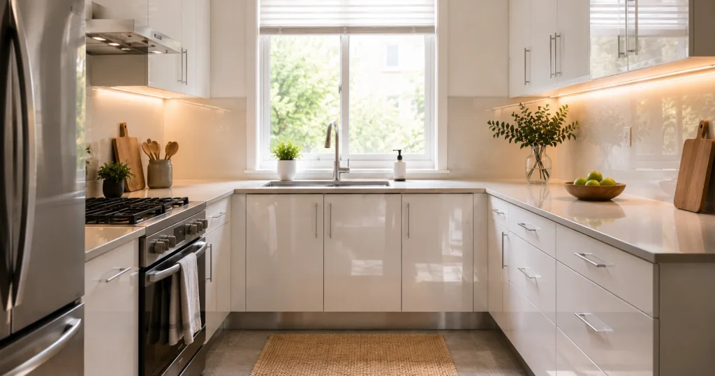 use-glossy-surfaces-to-brighten-small-kitchen Modern kitchen with glossy cabinet finishes and reflective surfaces that bounce natural light, making a small kitchen appear brighter, larger, and more contemporary.
