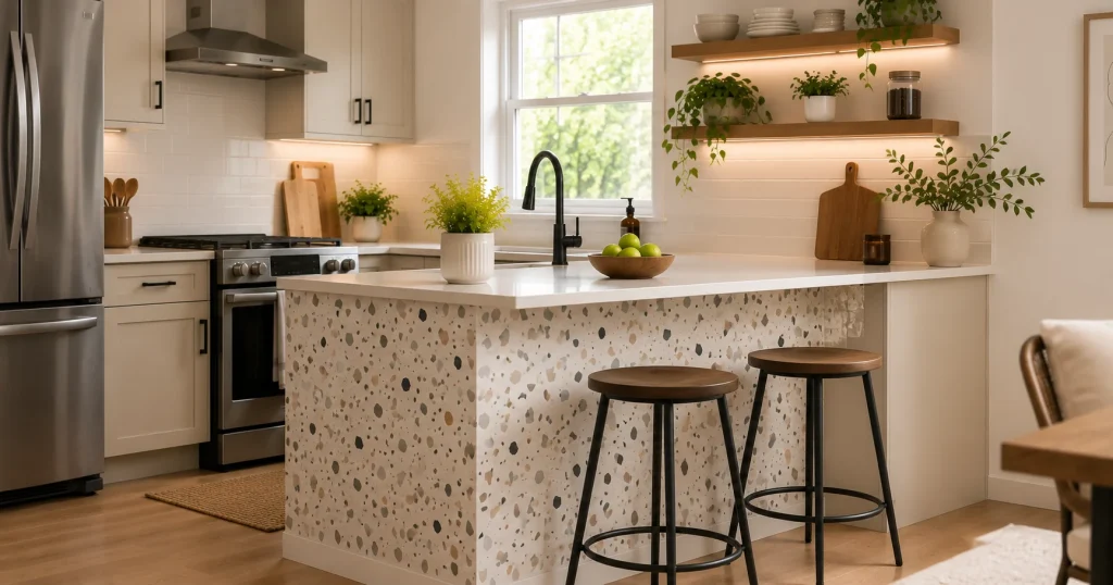 use-removable-wallpaper-for-kitchen-accent Modern kitchen with a terrazzo-print removable wallpaper applied to one cabinet face as an accent, adding visual interest without overwhelming the small space.