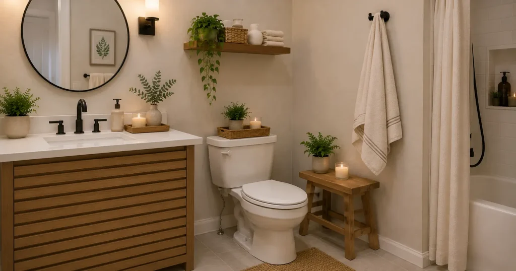 wooden accent tray budget-friendly bathroom decor idea