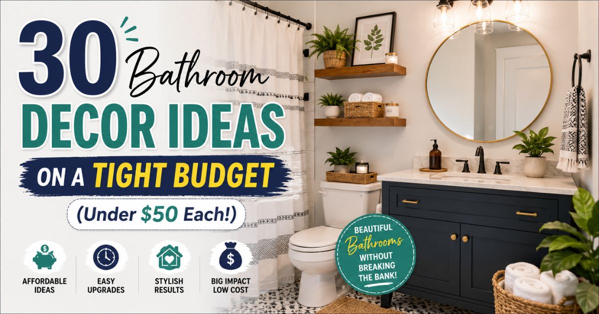 Modern bathroom decorated on a tight budget featuring a navy blue vanity, round mirror, floating shelves, plants, and affordable decor ideas under $50.