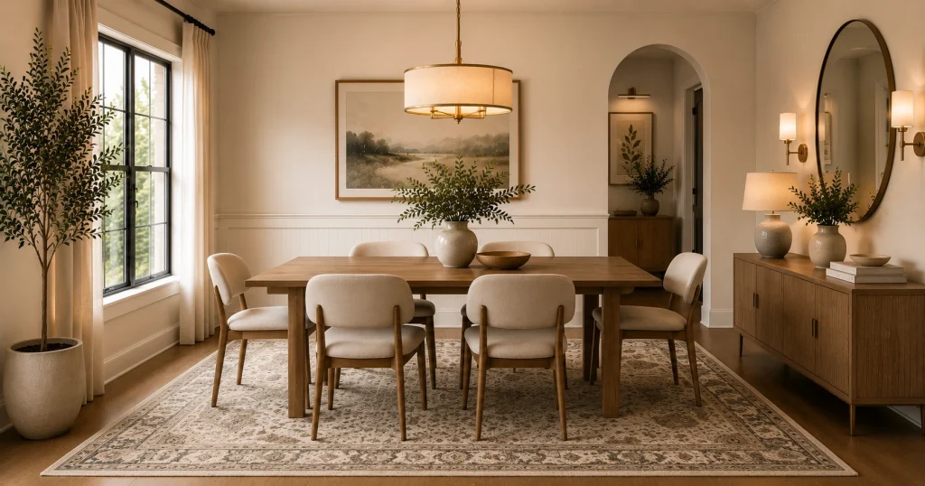 area-rug-sizing-small-dining-room.webp Properly sized area rug under a round dining table and chairs