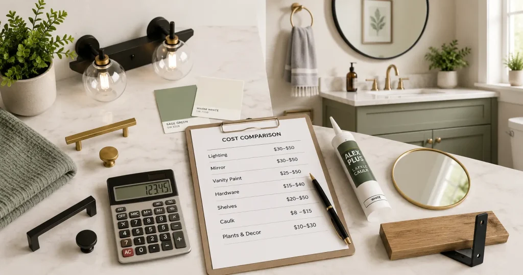 bathroom decor cost comparison budget upgrades Bathroom decor cost comparison featuring a calculator, upgrade price checklist, lighting fixture, mirror, hardware, paint samples, shelves, and caulk.