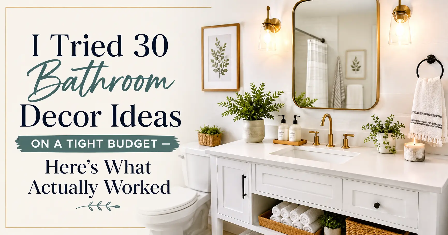 Small bathroom decor makeover on a tight budget with updated lighting and mirror