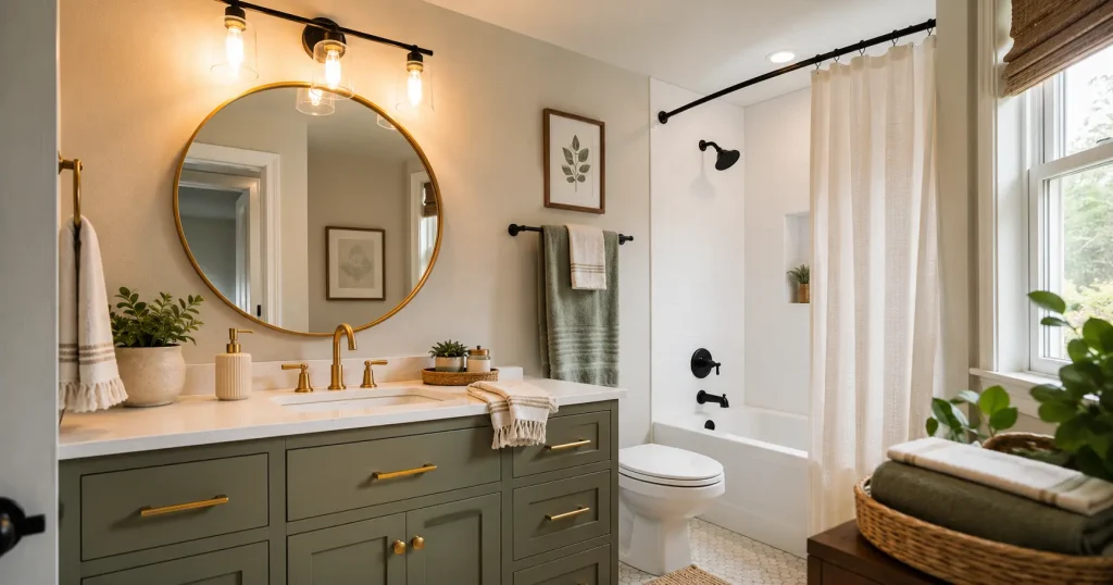 brushed-brass-cabinet-hardware-bathroom.webp Brushed brass cabinet hardware and LED vanity light in a small bathroom