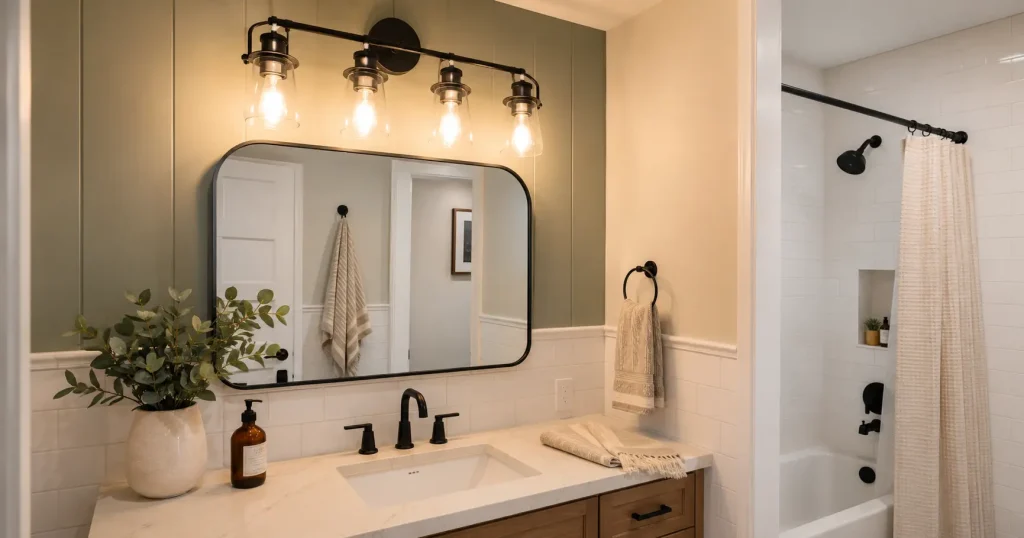 budget-bathroom-light-fixture-update.webp Updated black vanity light fixture illuminating a bathroom mirror, white subway tile, wooden vanity, and coordinated matte black fixtures.