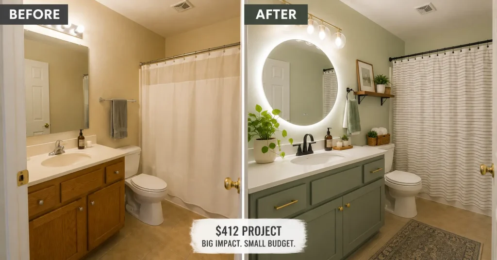 budget-bathroom-makeover-before-after.webp Before and after photo of a budget-friendly bathroom makeover under $500, Bathroom Decor Ideas on a Tight Budget
