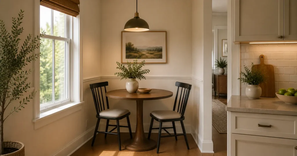 corner-dining-nook-small-apartment.webp Small dining nook built into an unused corner with pendant light