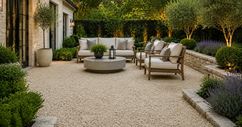 Crushed limestone patio flooring idea