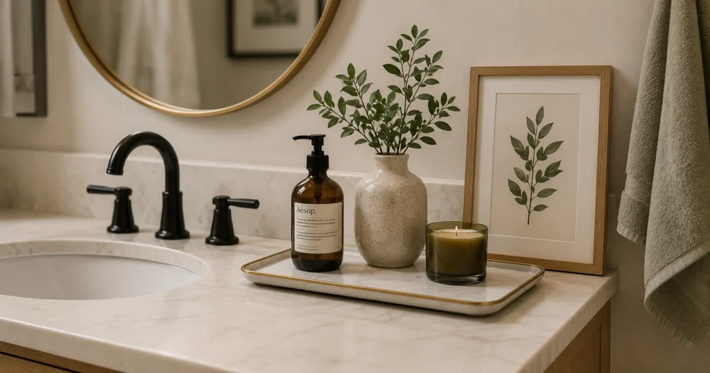 I Tried 30 Bathroom Decor Ideas on a Tight Budget — Here's What Worked Minimal bathroom vanity styled with three curated decorative objects: a soap dispenser, ceramic vase with greenery, and candle arranged on a tray.