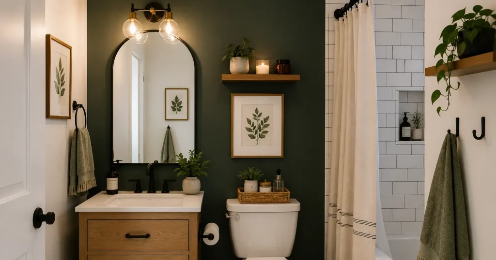 dark-green-accent-wall-small-bathroom.webp Small modern bathroom with a deep green accent wall, light wood vanity, arched mirror, black fixtures, botanical art, and warm lighting.