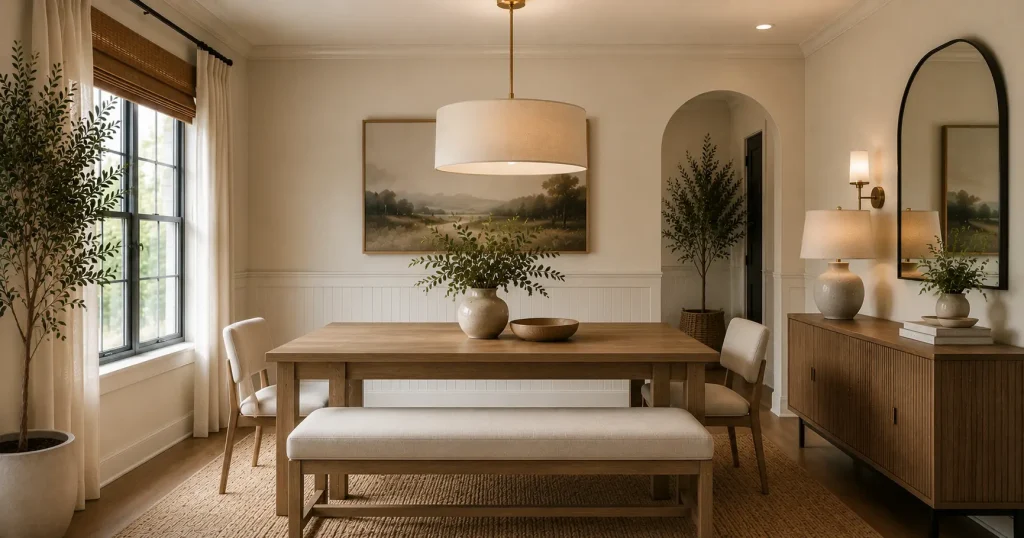 dining-bench-seating-space-saving-furniture.webp Wooden bench seating on one side of a small dining table