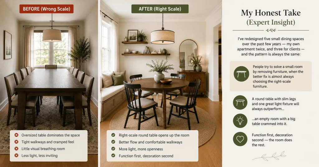 emily-johnson-small-dining-room-design-tip.webp Interior decorator's small dining room makeover with round table and bench