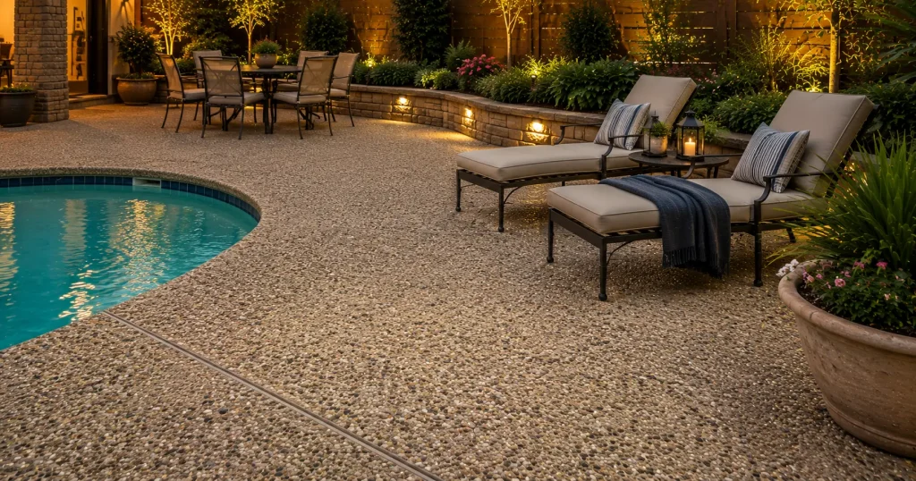 Exposed aggregate concrete patio flooring idea
