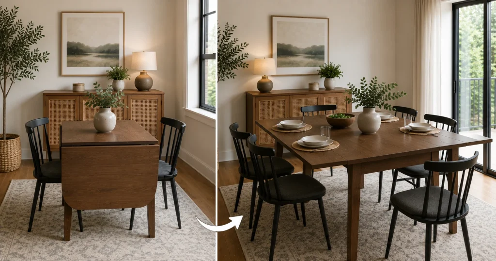 extendable-dining-table-small-space.webp Extendable dining table shown in compact and expanded positions