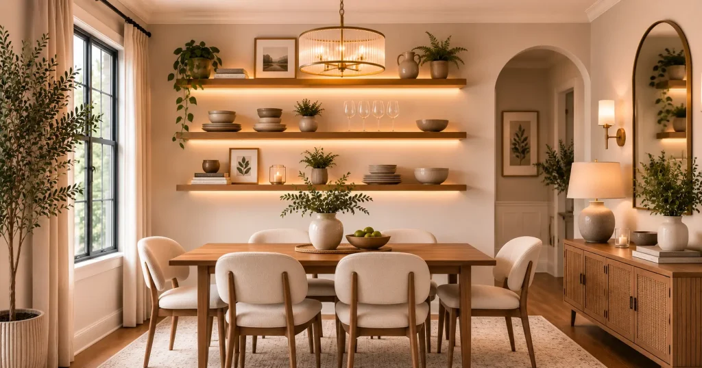 floating-shelves-dining-room-vertical-storage.webp Floating wall shelves holding dishware above a small dining table