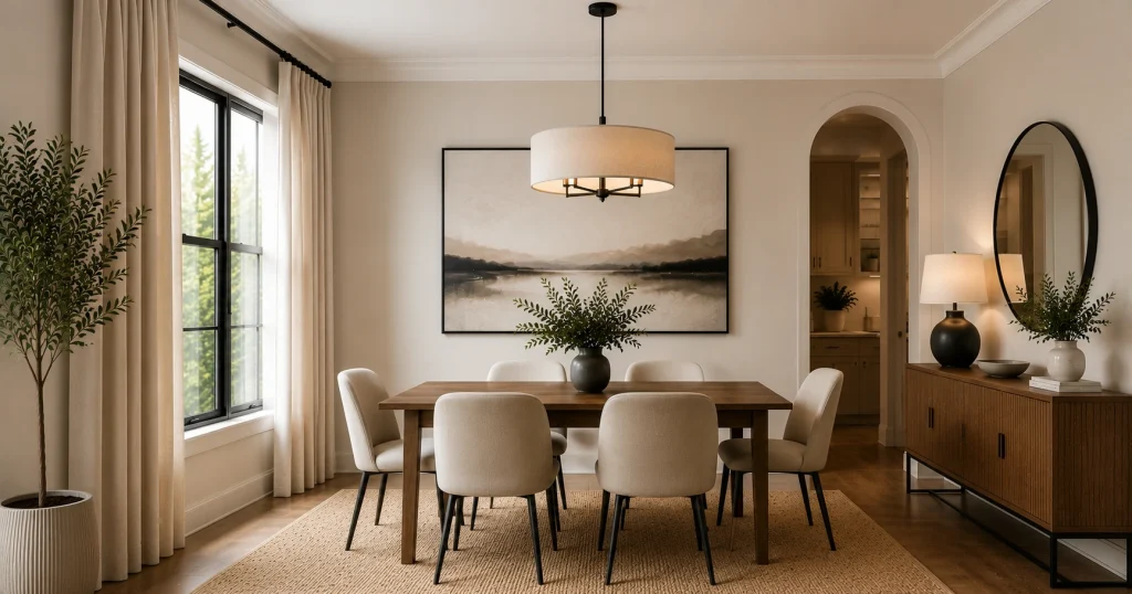 floor-to-ceiling-curtains-small-dining-room.webp Floor-to-ceiling curtains hung near the ceiling in a small dining room