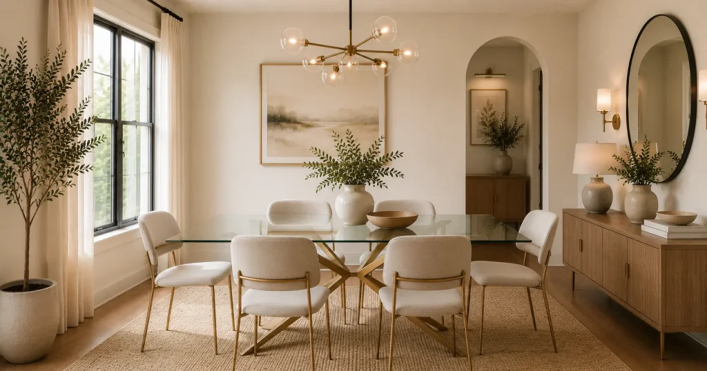 glass-top-dining-table-small-room.webp Glass-top dining table with metal legs in a small modern dining room