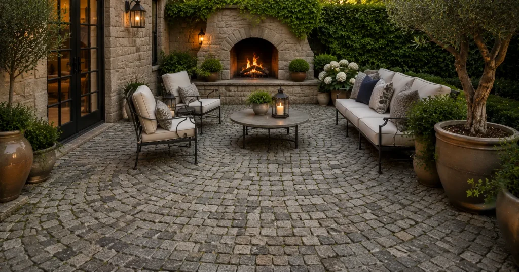 Granite cobblestones patio flooring idea