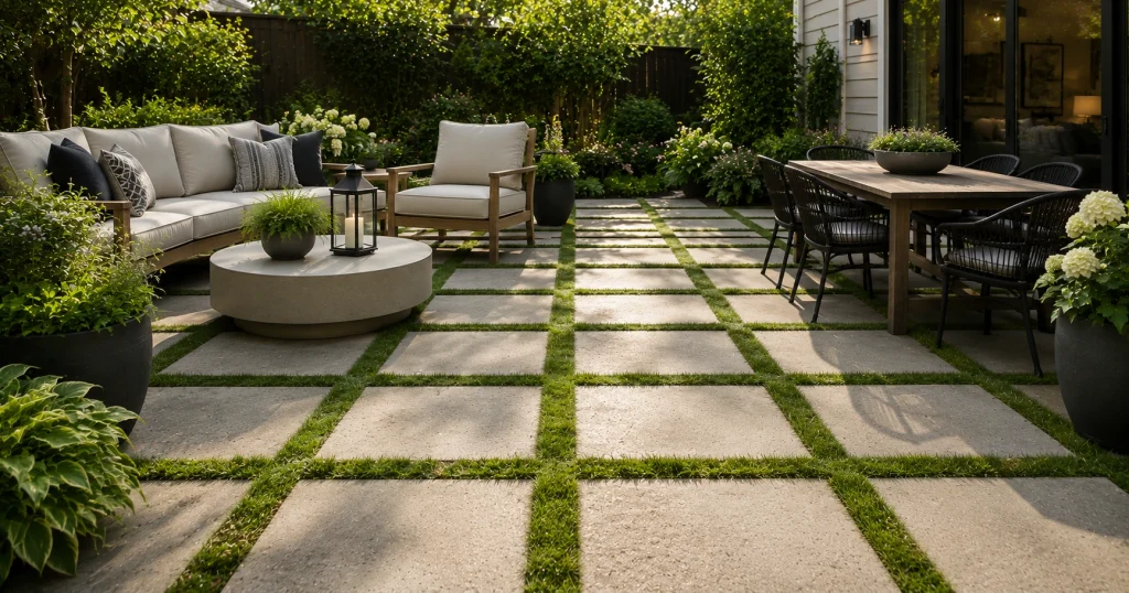 Grass joint pavers patio flooring idea
