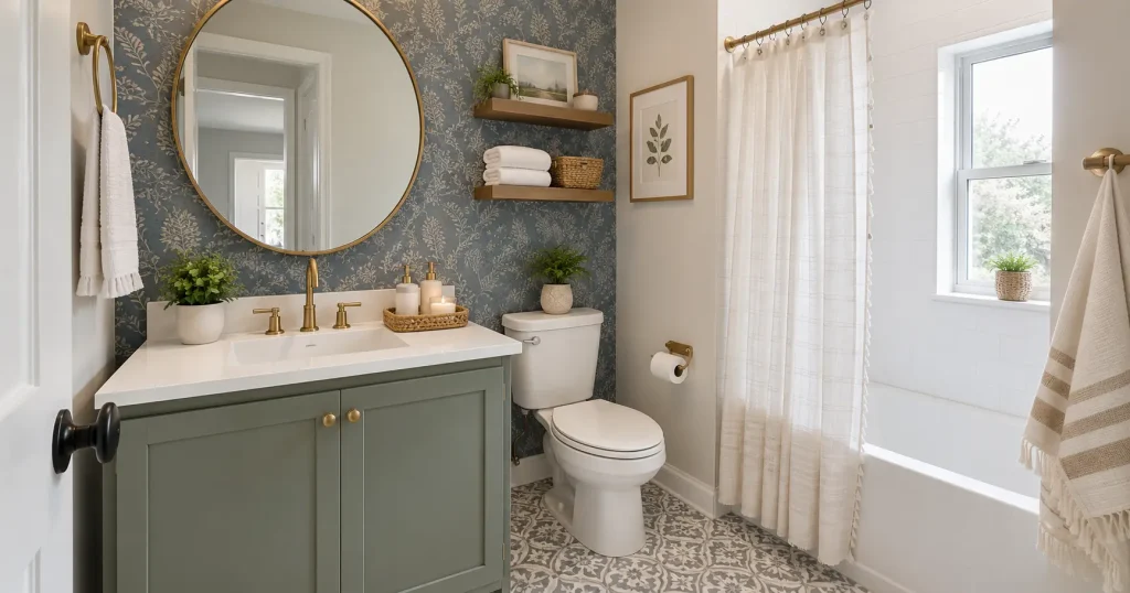 high-impact-budget-bathroom-decor-ideas Small budget-friendly bathroom featuring botanical wallpaper, a sage green vanity, round brass mirror, floating shelves, plants, and coordinated decor.