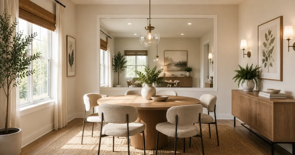 leaning-mirror-dining-room-natural-light.webp Large leaning mirror reflecting natural light in a small dining nook,21 Small Dining Room Decor Ideas That Make Any Space Feel Bigger (2026)