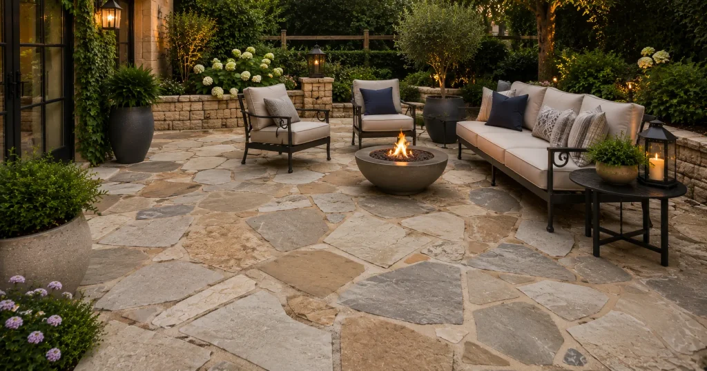 Limestone flagstone blend patio flooring idea