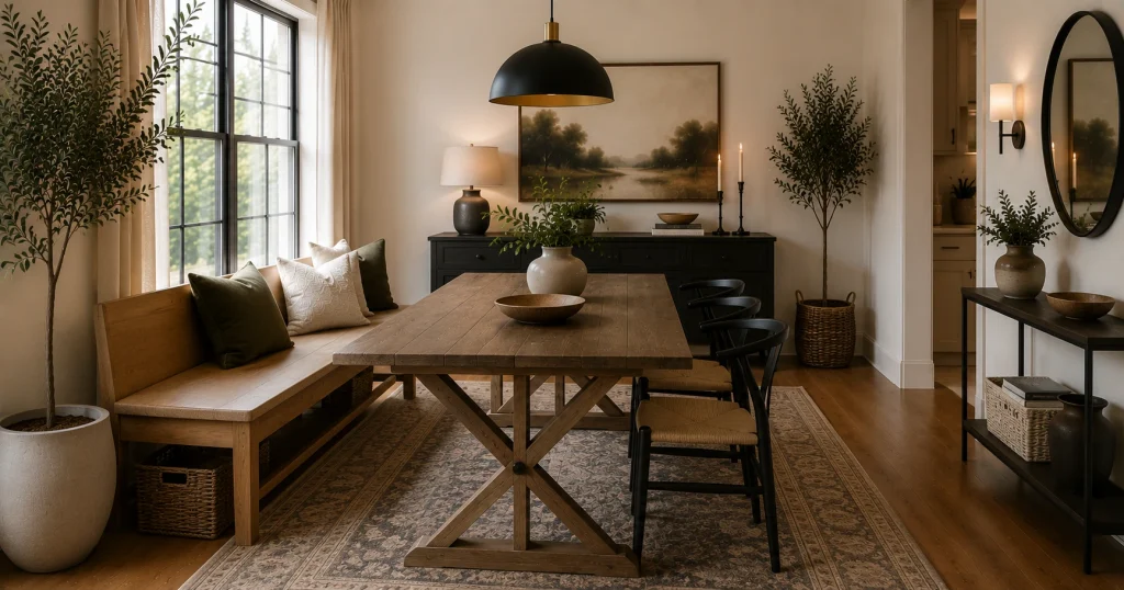 mixed-seating-chairs-bench-dining-table.webp Dining table with chairs on one side and a bench on the otherDining table with chairs on one side and a bench on the other