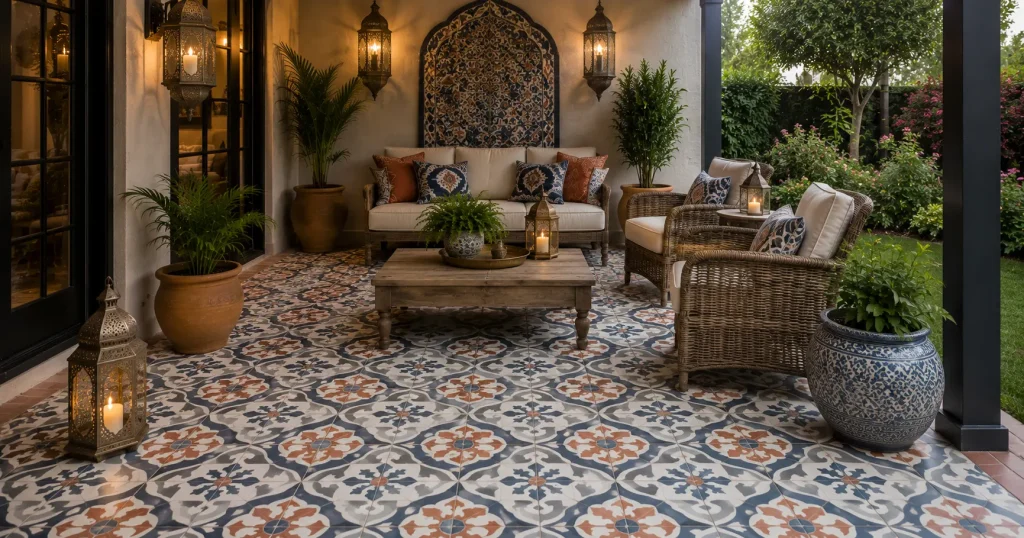 Moroccan encaustic tiles patio flooring idea