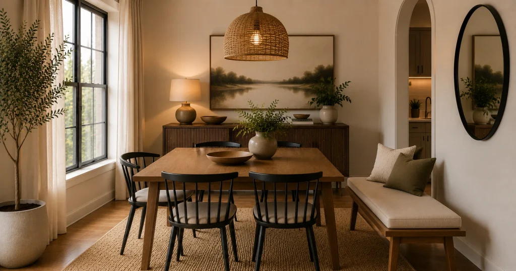 natural-materials-wood-plants-dining-room.webp Wood table and small potted plant used as natural decor in a dining room