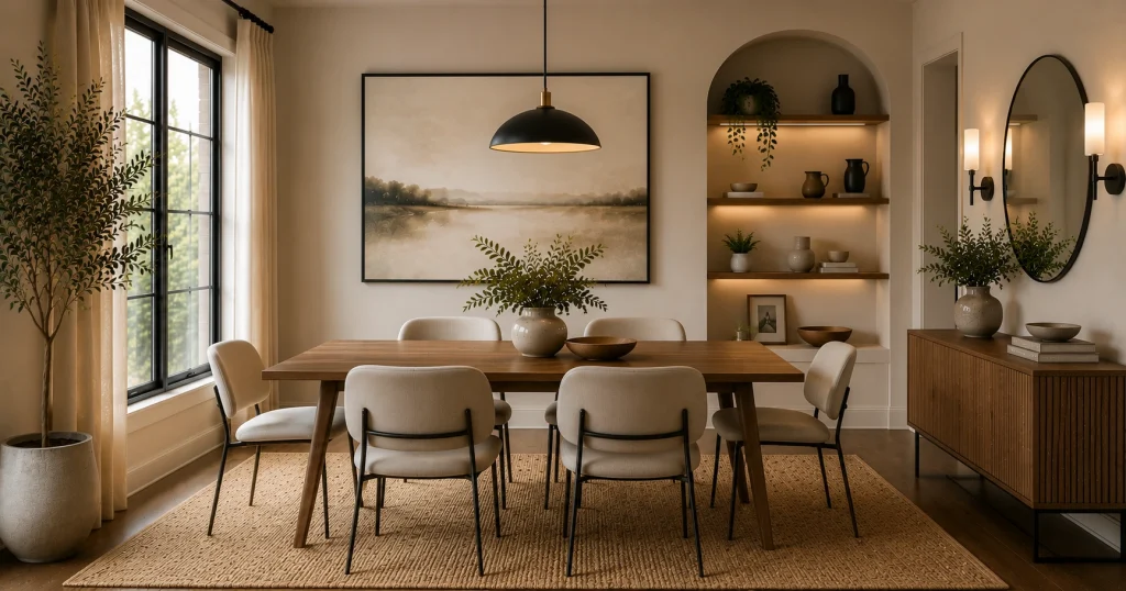 oversized-wall-art-small-dining-room.webp Large single piece of wall art above a dining room sideboard