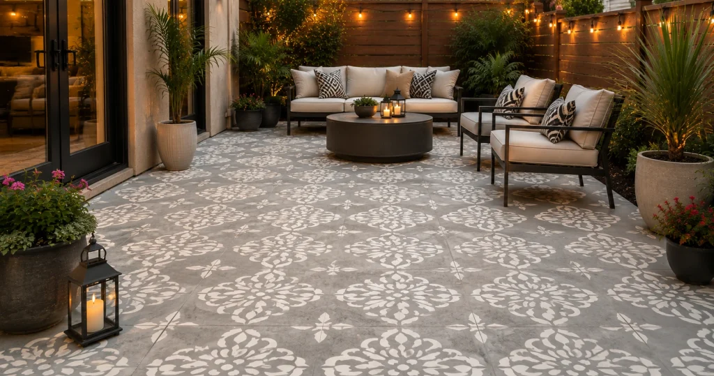 Painted concrete stencils patio flooring idea