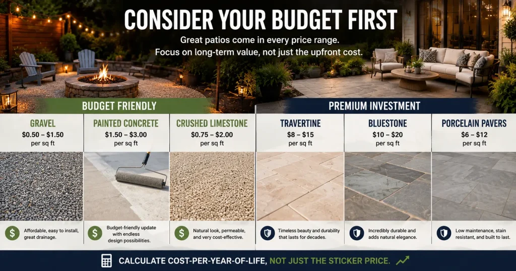 Budget-friendly patio flooring ideas materials laid out