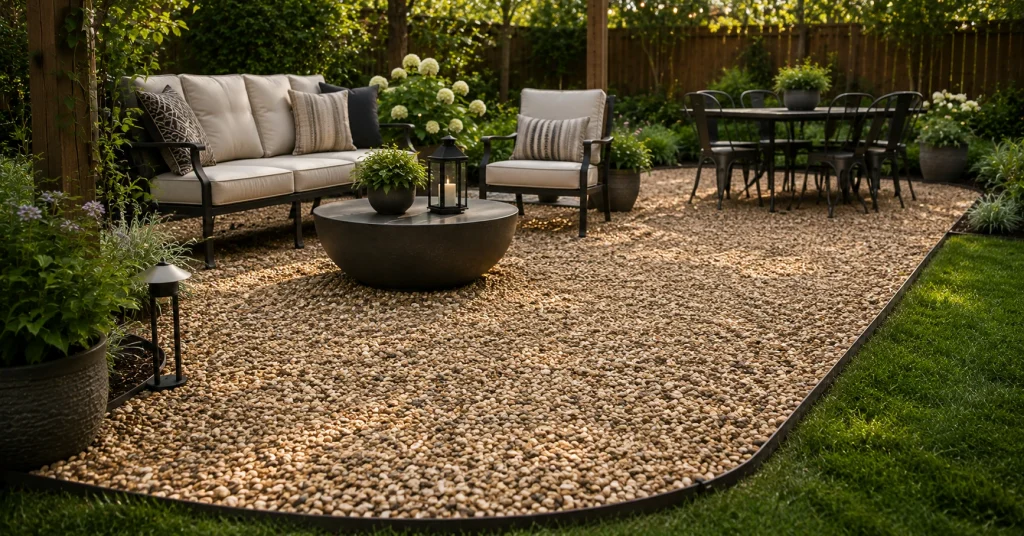 Pea gravel patio flooring idea