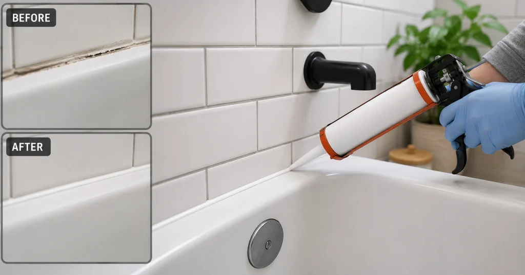 refresh-old-bathroom-caulk-lines.webp Fresh white caulk being applied along a bathtub and subway tile seam, with before-and-after views of old damaged and newly sealed caulk lines.
