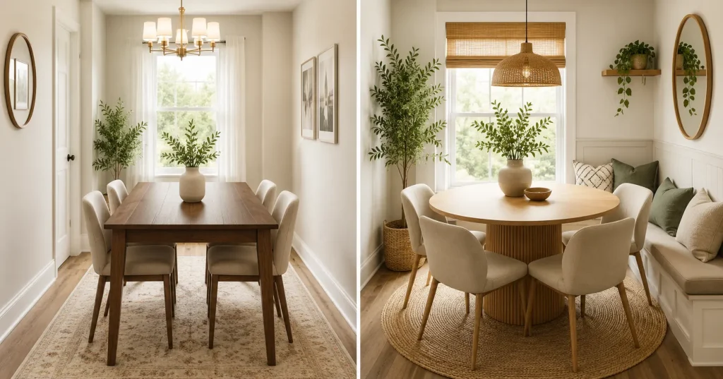 round-dining-table-small-space-layout.webp Round dining table with slim chairs in a compact apartment dining area