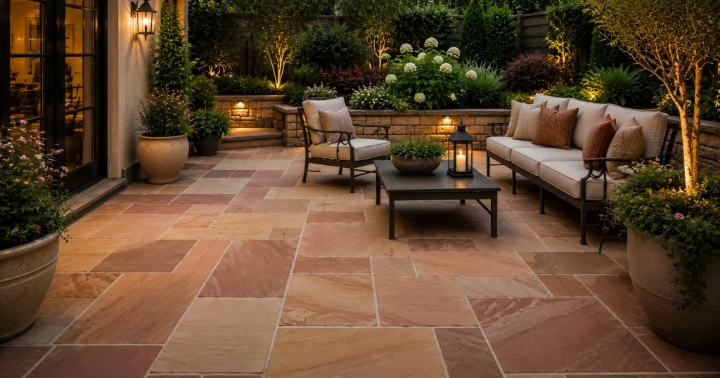 Sandstone paving slabs patio flooring idea