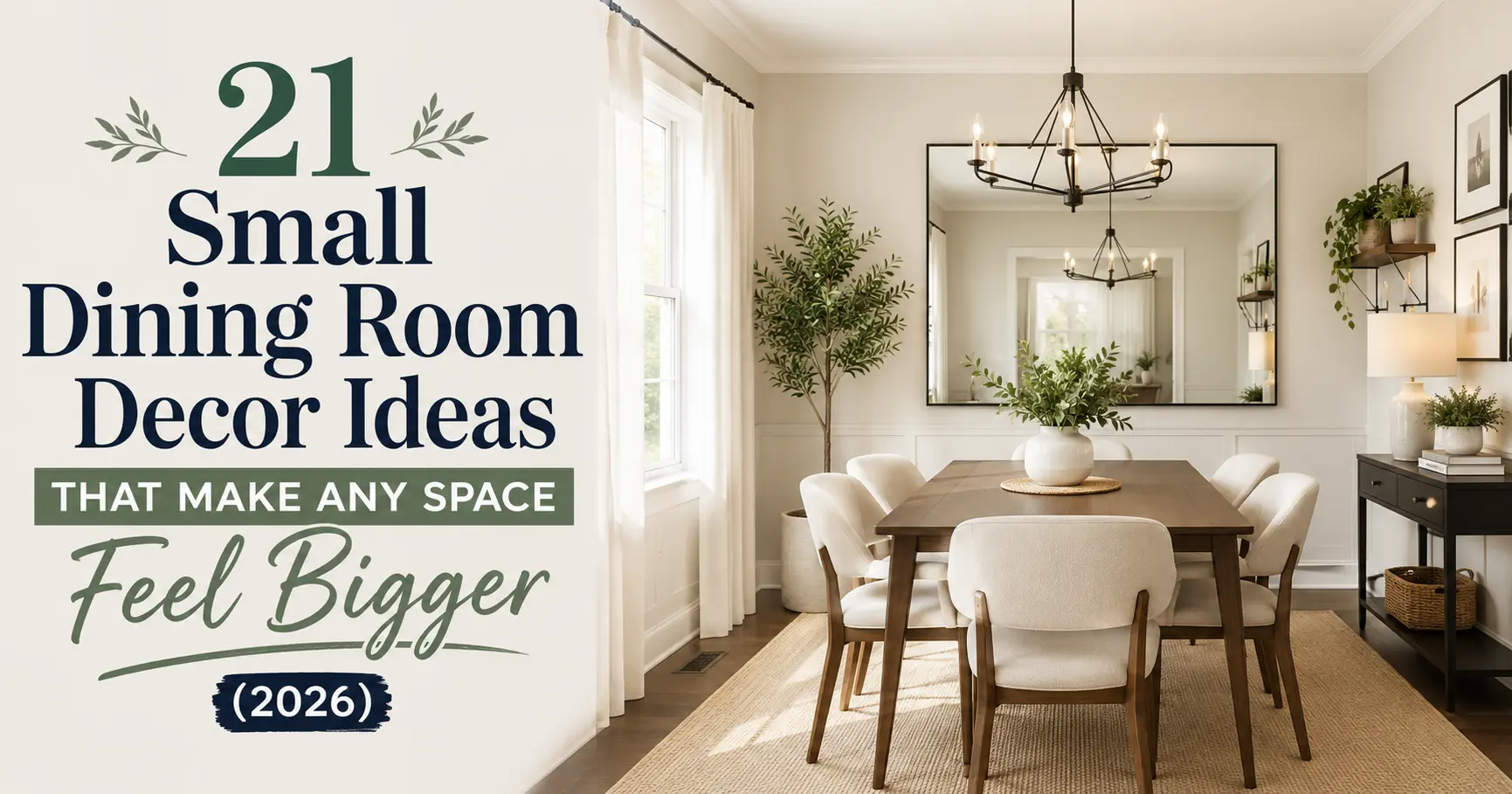 Small dining room with round table, statement chandelier, and neutral color palette