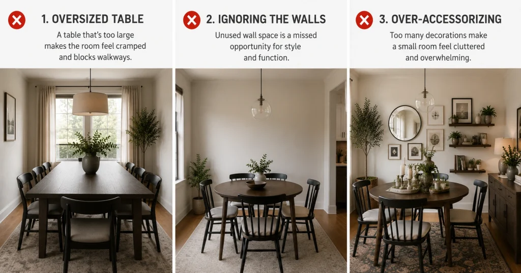small-dining-room-decorating-mistakes-oversized-furniture.webp Oversized furniture crowding a small dining room, shown as a decorating mistake