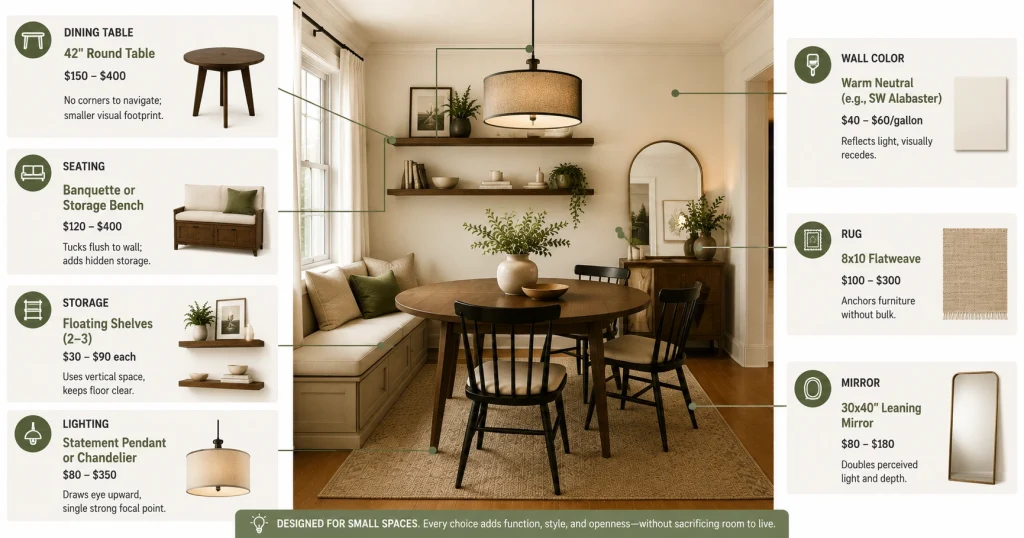 small-dining-room-furniture-comparison-chart.webp Comparison chart of furniture and price ranges for small dining rooms