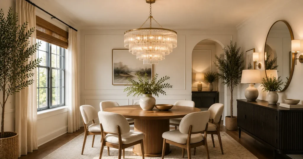 statement-chandelier-small-dining-room-lighting.webp Statement pendant chandelier hanging above a small round dining table